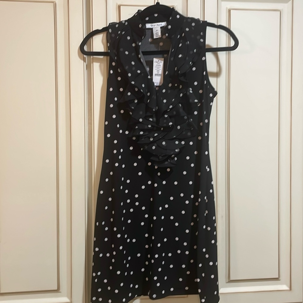 White House Black Market, XS black and white ruffle, polka dot dress- new